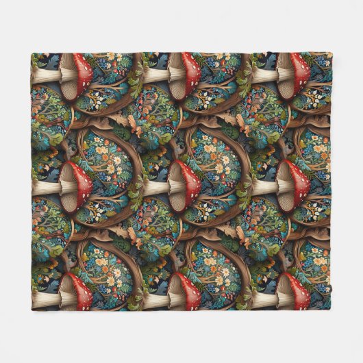 Retro-elegantes bohemisches Pilzwaldmuster Fleecedecke (Vorderseite (Horizontal))