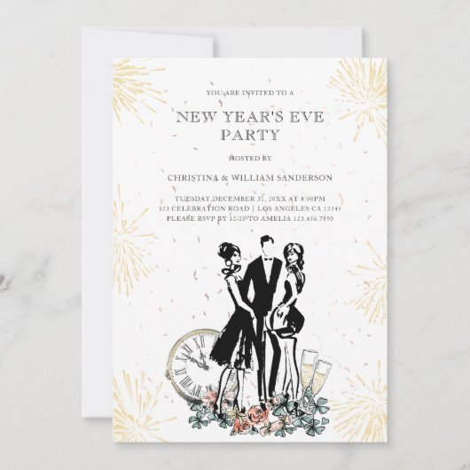 Retro Elegantes Schwarzes Gold Neujahrsfest Party Einladung (Vorderseite)