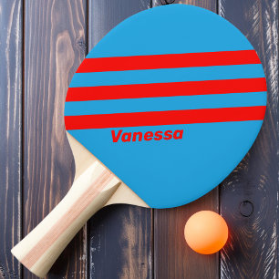Retro Elektrisches Blau Rot Drei Streifen mit Name Tischtennis Schläger