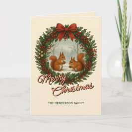 Retro Englisch Kranz mit Niedlichen Eichhörnchen Feiertagskarte