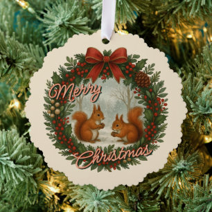 Retro-Englischer Weihnachtskranz mit süßen Eichhör Ornament Karte
