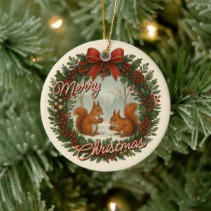 Retro-Englischer Weihnachtsstrauß mit süßen Eichhö Keramik Ornament