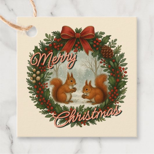 Retro English Holiday Kranz mit Niedlichen Eichhör Geschenkanhänger (Vorderseite)