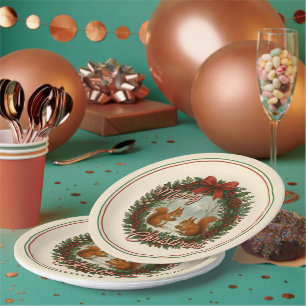 Retro English Holiday Kranz mit Niedlichen Eichhör Pappteller