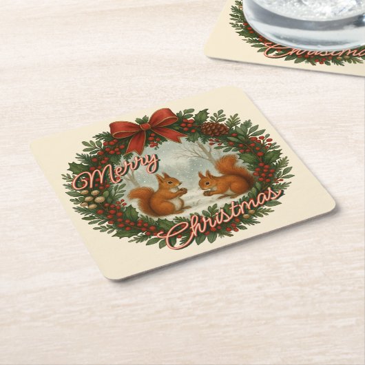 Retro English Holiday Kranz mit Niedlichen Eichhör Rechteckiger Pappuntersetzer (angewinkelt)