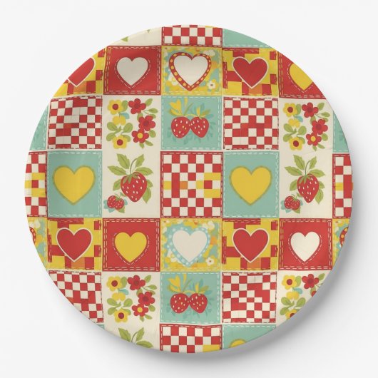 Retro-Erdbeer-Patchwork-Blumenmuster Pappteller (Vorderseite)