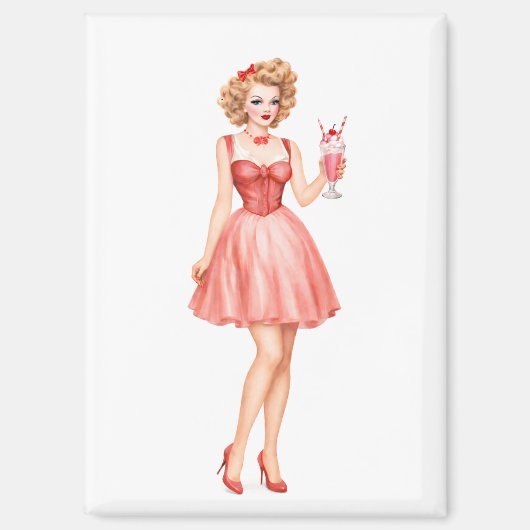 Retro-Erdbeermilchshake-Pin-Up-Girl Magnet (Vorderseite)