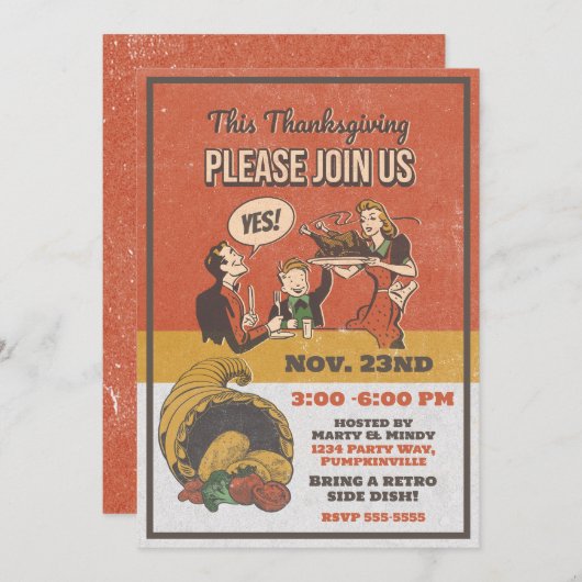 Retro Erntedank Dinner Comic Einladung (Vorne/Hinten)