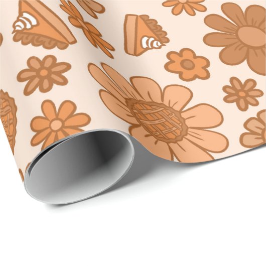 Retro Erntedank Pumpkin Pie und Herbst Blume Geschenkpapier (Rolleneckpunkt)