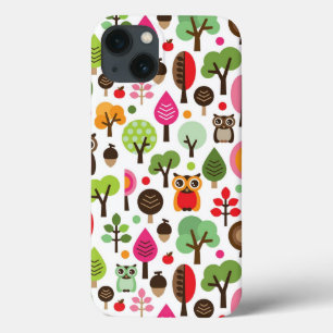 Retro Eulenmuster des rosa Blattbaums iPhone 13 Hülle