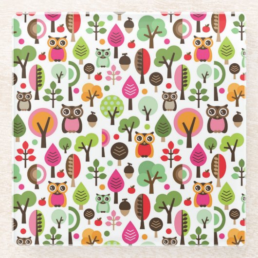 Retro Eulenmuster des rosa Blattbaums Glasuntersetzer (Vorderseite)