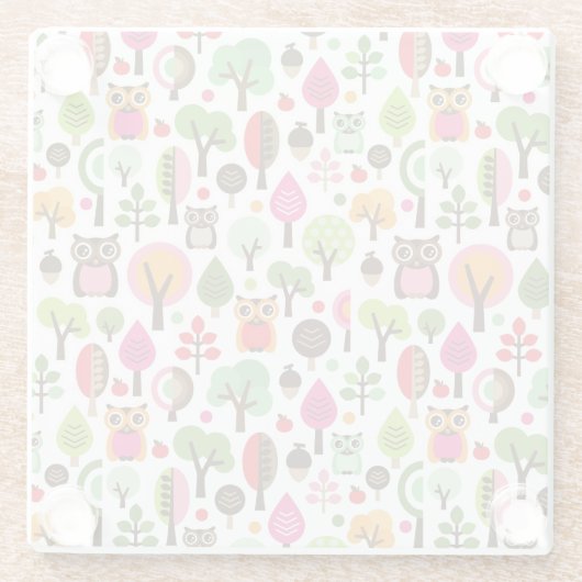 Retro Eulenmuster des rosa Blattbaums Glasuntersetzer (Rückseite)