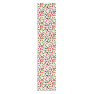 Retro Eulenmuster des rosa Blattbaums Kurzer Tischläufer