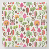 Retro Eulenmuster des rosa Blattbaums Steinuntersetzer (Vorderseite)