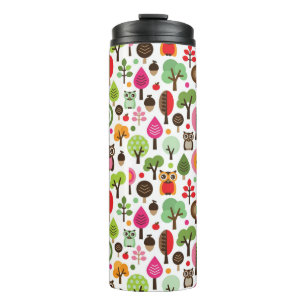 Retro Eulenmuster des rosa Blattbaums Thermosbecher