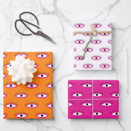 Retro Evil Eye Muster Rosa Orange White BOHO Geschenkpapier Set