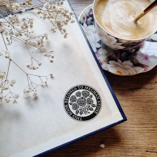 Retro Exlibris Briefmarke mit Rose für die Bibliot Gummistempel