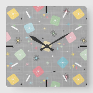 Retro-Explosion von Atomsternen Muster Quadratische Wanduhr