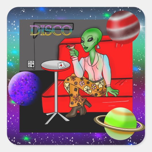 Retro Extraterrestrial in der Disco Lounge aus den Quadratischer Aufkleber (Vorderseite)