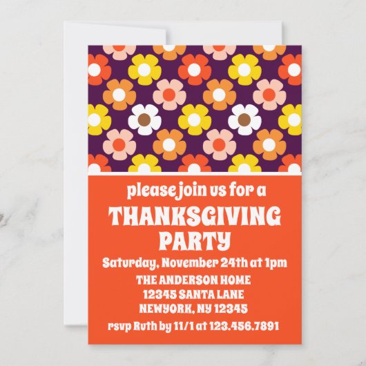 Retro Fall Blume Lila Erntedank Party Einladung (Vorderseite)