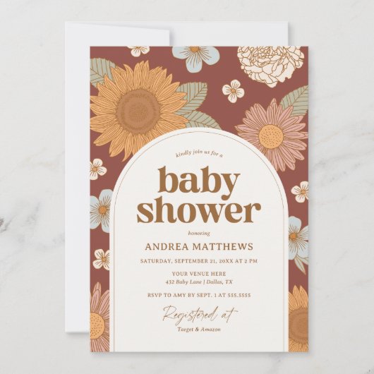 Retro Fall Floral Baby Dusche Einladung (Vorderseite)
