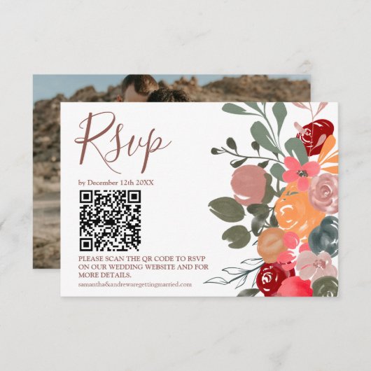 Retro Fall florale Aquarell Foto QR Hochzeit RSVP (Vorne/Hinten)