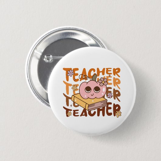Retro Fall Teacher Pumpkin Halloween Button (Vorne & Hinten)