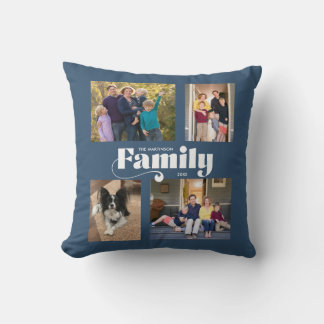 Retro Familie 4 Foto Collage blau Kissen