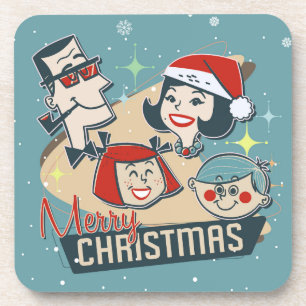 Retro-Familie Frohe Weihnachten Ein gutes neues Ja Getränkeuntersetzer