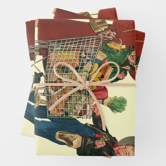 Retro Familie, Mama und Kinder Lebensmittelgeschäf Geschenkpapier Set (Beispiel)