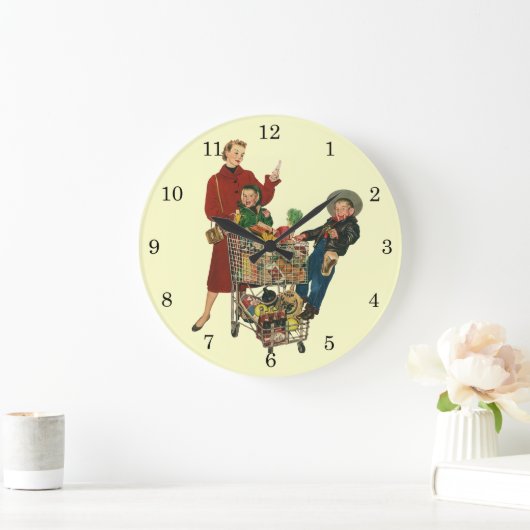 Retro Familie, Mama und Kinder Lebensmittelgeschäf Große Wanduhr (Zuhause)