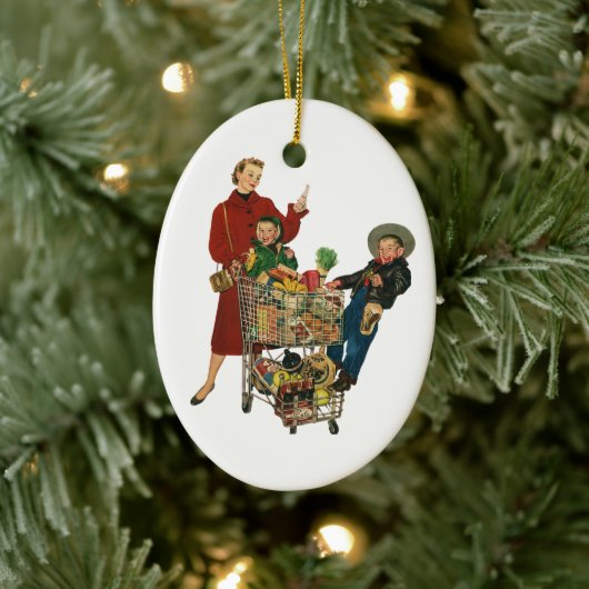 Retro Familie, Mama und Kinder Lebensmittelgeschäf Keramik Ornament (Baum)