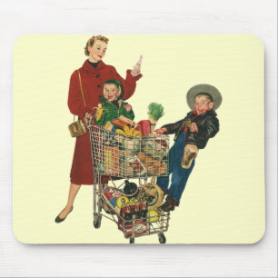 Retro Familie, Mama und Kinder Lebensmittelgeschäf Mousepad