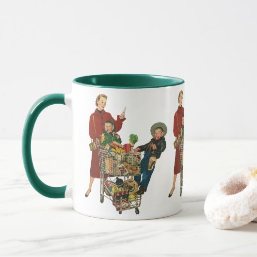 Retro Familie, Mama und Kinder Lebensmittelgeschäf Tasse (Mit Donut)