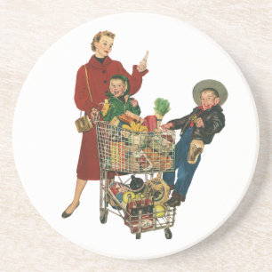 Retro Familie, Mama und Kinder Lebensmittelgeschäf Untersetzer
