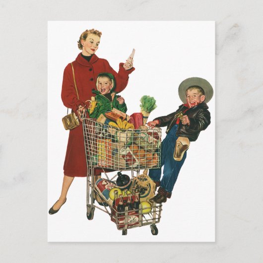 Retro Familie, Mama und Kinder, Supermarkt Postkarte (Vorderseite)
