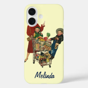 Retro-Familie, Mutter und Kinder beim Einkaufen im iPhone 16 Hülle