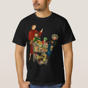 Retro-Familie, Mutter und Kinder beim Einkaufen im T-Shirt