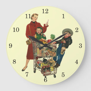 Retro-Familie, Mutter und Kinder im Einkaufswagen Große Wanduhr