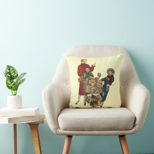 Retro-Familie, Mutter und Kinder im Einkaufswagen Kissen