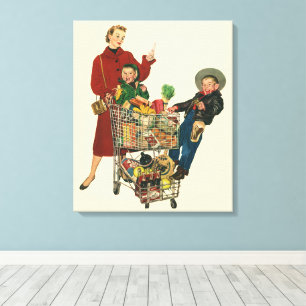 Retro-Familie, Mutter und Kinder im Einkaufswagen Leinwanddruck