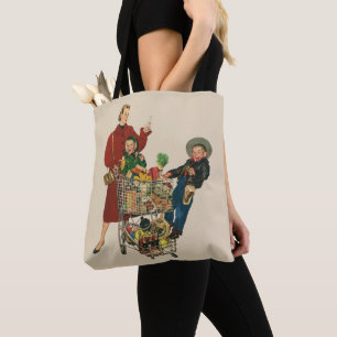 Retro-Familie, Mutter und Kinder Lebensmitteleinka Tasche