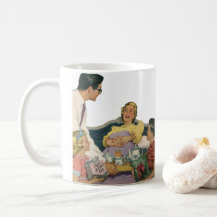 Retro-Familie serviert Mama das Frühstück im Bett Kaffeetasse