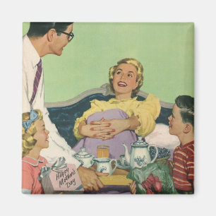 Retro-Familie serviert Mama das Frühstück im Bett Magnet