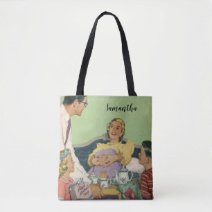 Retro-Familie serviert Mama das Frühstück im Bett Tasche