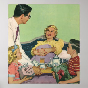 Retro-Familie serviert Mutter das Frühstück im Bet Poster
