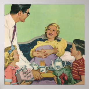 Retro-Familie serviert Mutter das Frühstück im Bet Poster
