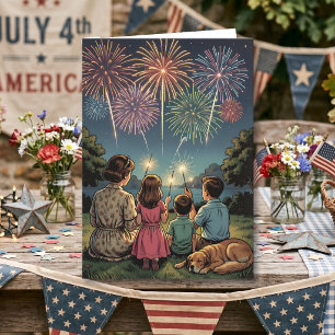 Retro-Familie und Hund Frohes viertes Juli-Fest Karte