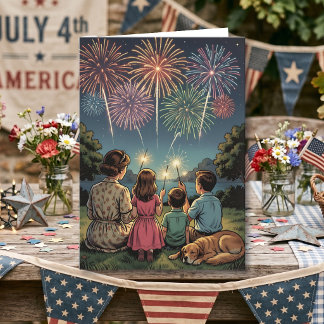 Retro-Familie und Hund | Frohes viertes Juli-Fest Karte