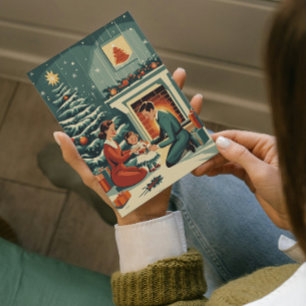 Retro Familie Weihnachten am Kamin